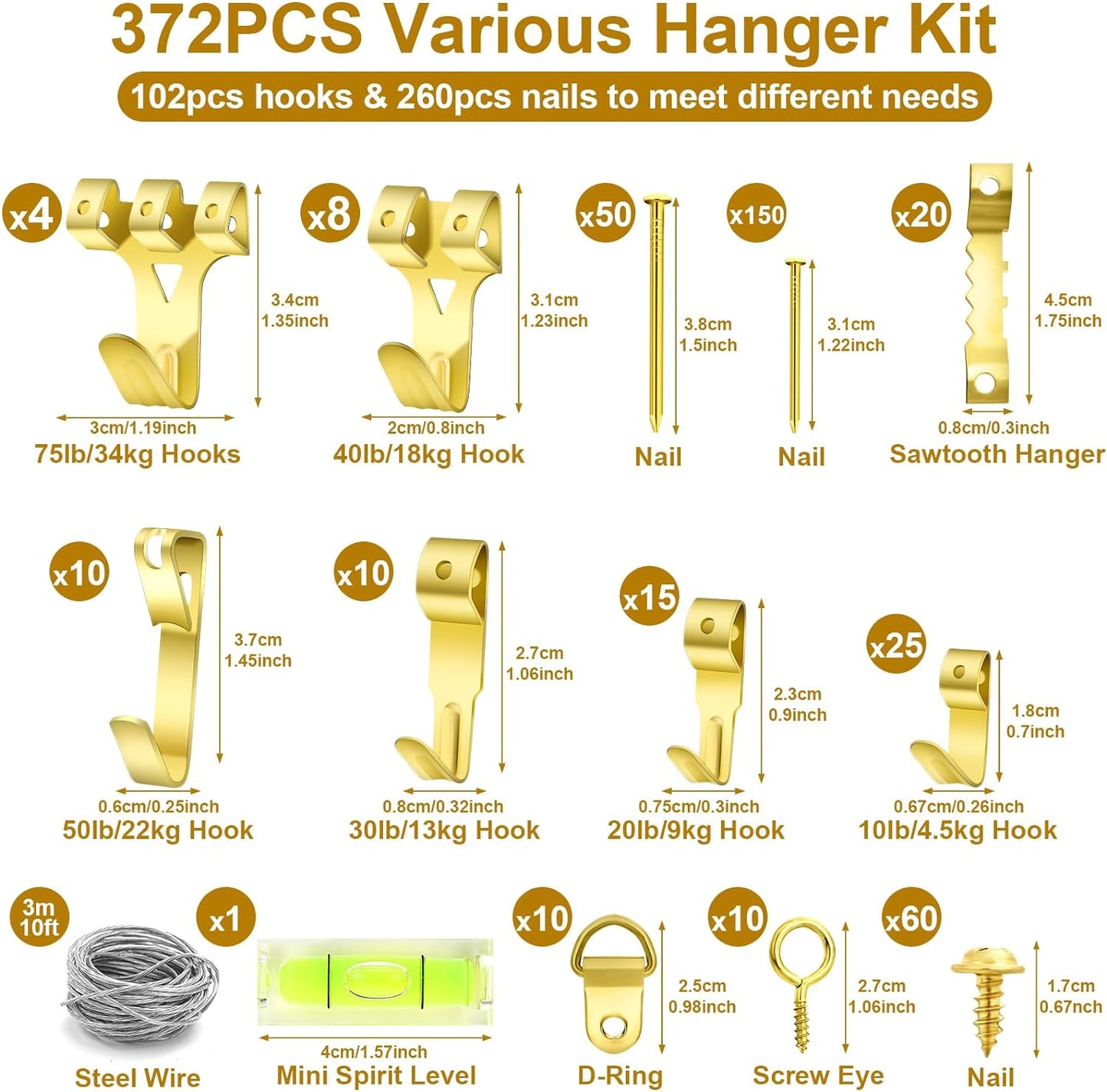 372 PCS Picture Hanging Kit, Christmas Decorations Indoor Outside Picture Hangers, Heavy Duty Picture Frame Mirror Wall Hanging Hardware Hooks Kit with Nails Sawtooth for Hanging Picture