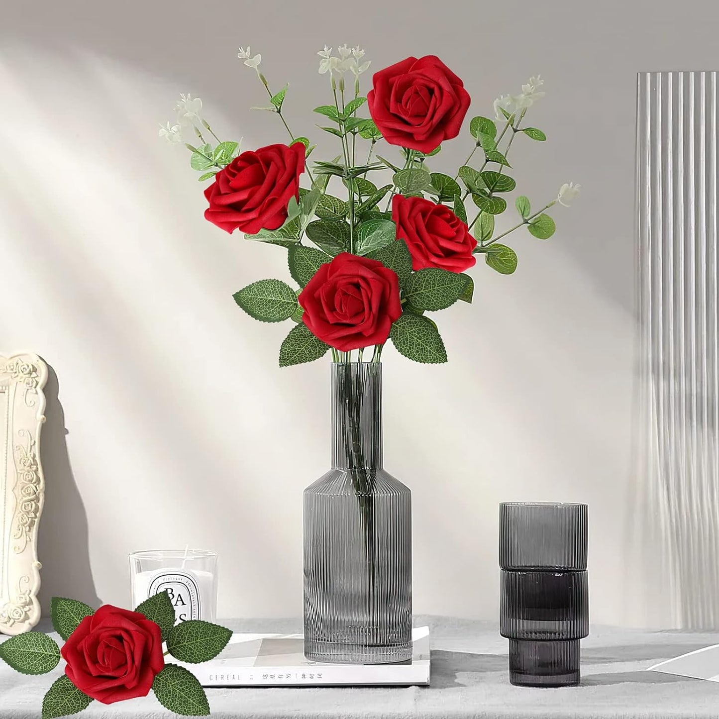 AmyHomie Artificial Flowers Dark Red Rose 100pcs Real Looking Fake Roses w/Stem for DIY Wedding Bouquets Centerpieces Arrangements Party Baby Shower Home Decorations