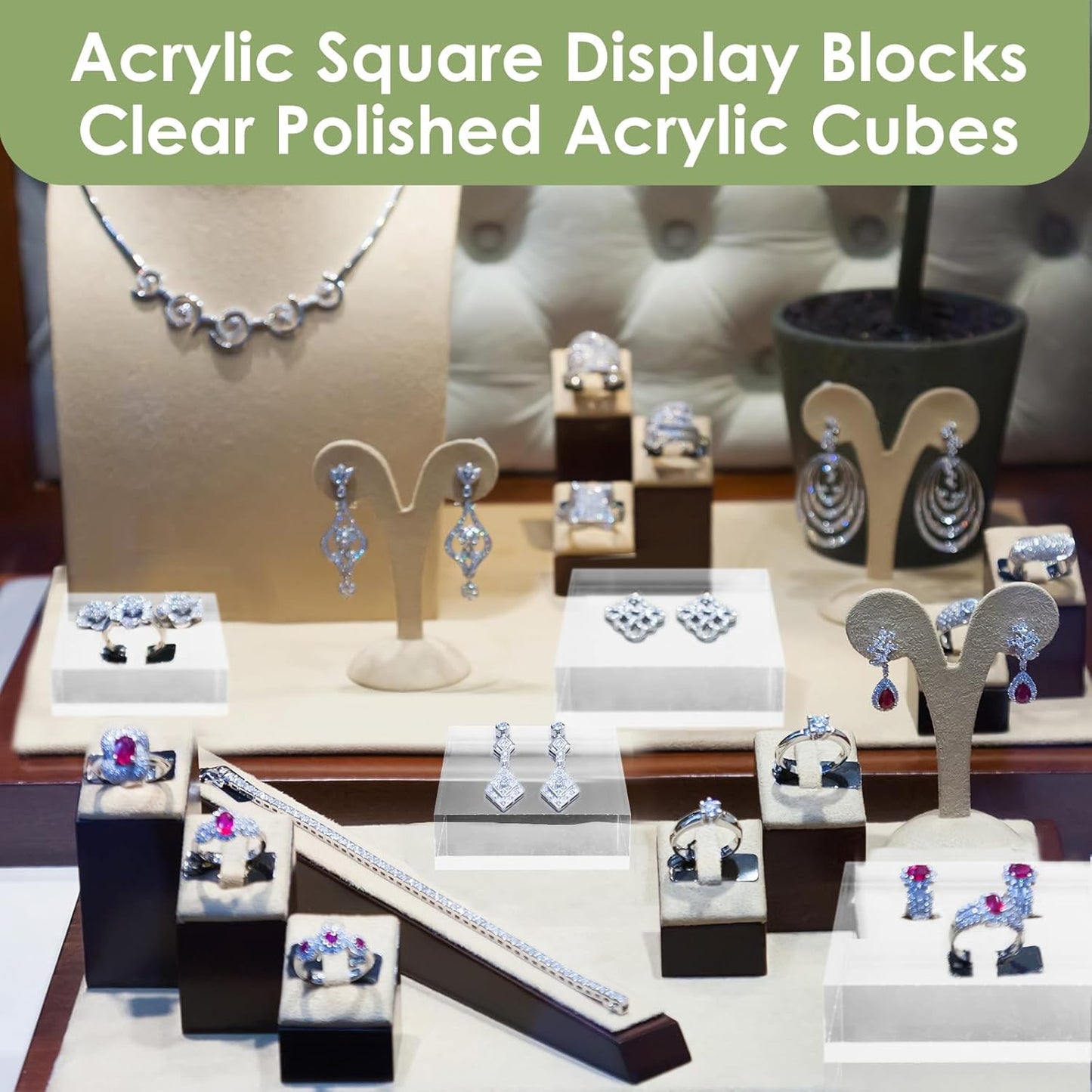Remerry 8 Pieces Acrylic Display Block 3 x 3 x 1 Inch, 4 x 4 x 1 Inch Clear Polished Acrylic Square Display Cube Block Stand Holder for Rings Jewelry Ornaments