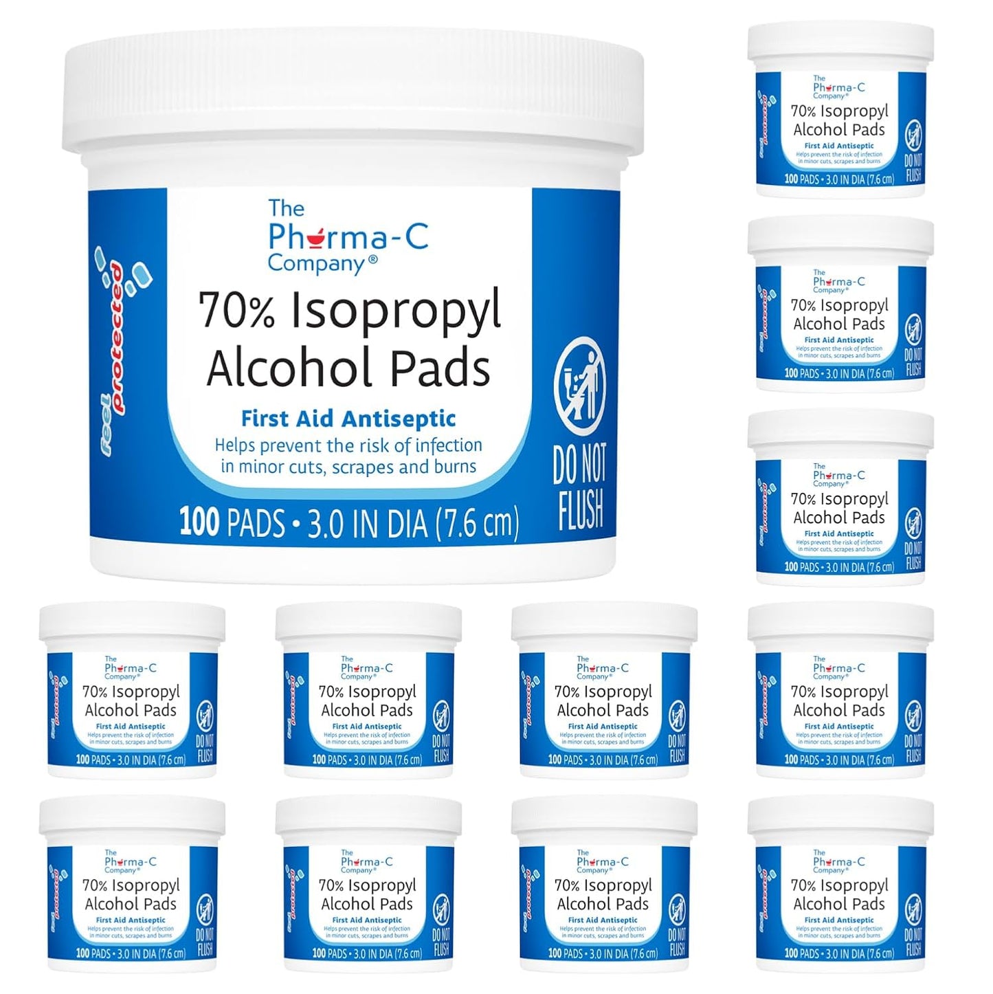 The Pharma-C Company - 70% Isopropyl Alcohol Pads [12-100ct jars]. First Aid - Bulk Antiseptic Wipes - Extra Large Pads - for minor cuts, scrapes and burns.