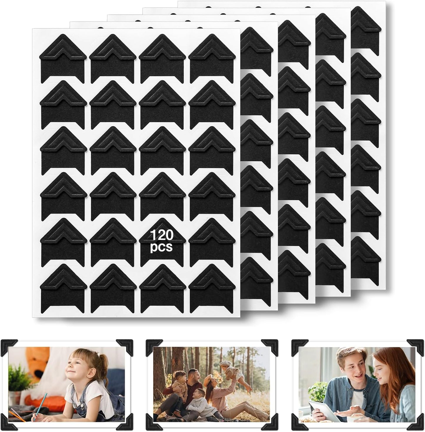 CHIALLCO Acid Free Photo Corners Self-Adhesive, 120 Pcs Premium Photo Corners for Scrapbooking, Black Photo Picture Mounting Corners for Photo Album, DIY Scrapbook Stickers, Memory Books, Diary