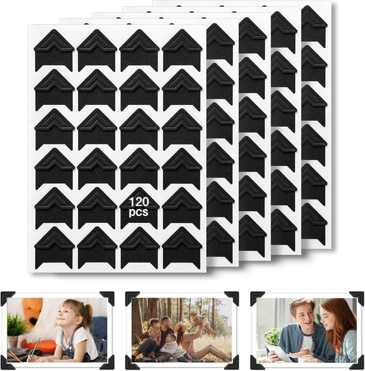 CHIALLCO Acid Free Photo Corners Self-Adhesive, 120 Pcs Premium Photo Corners for Scrapbooking, Black Photo Picture Mounting Corners for Photo Album, DIY Scrapbook Stickers, Memory Books, Diary