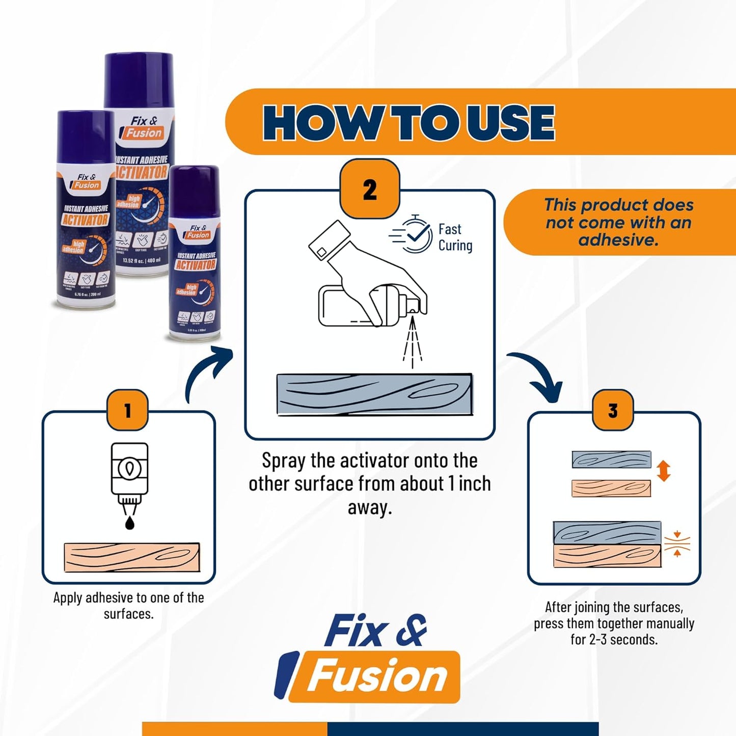 FIX & FUSION Activator Spray (6.76 Fl Oz), Instant Cure Accelerator for Cyanoacrylate (CA) Super Glue for Wood, Plastic, Rubber, Granite, and DIY & Professional, Accelerates Bonding Strength, (2 Pack)