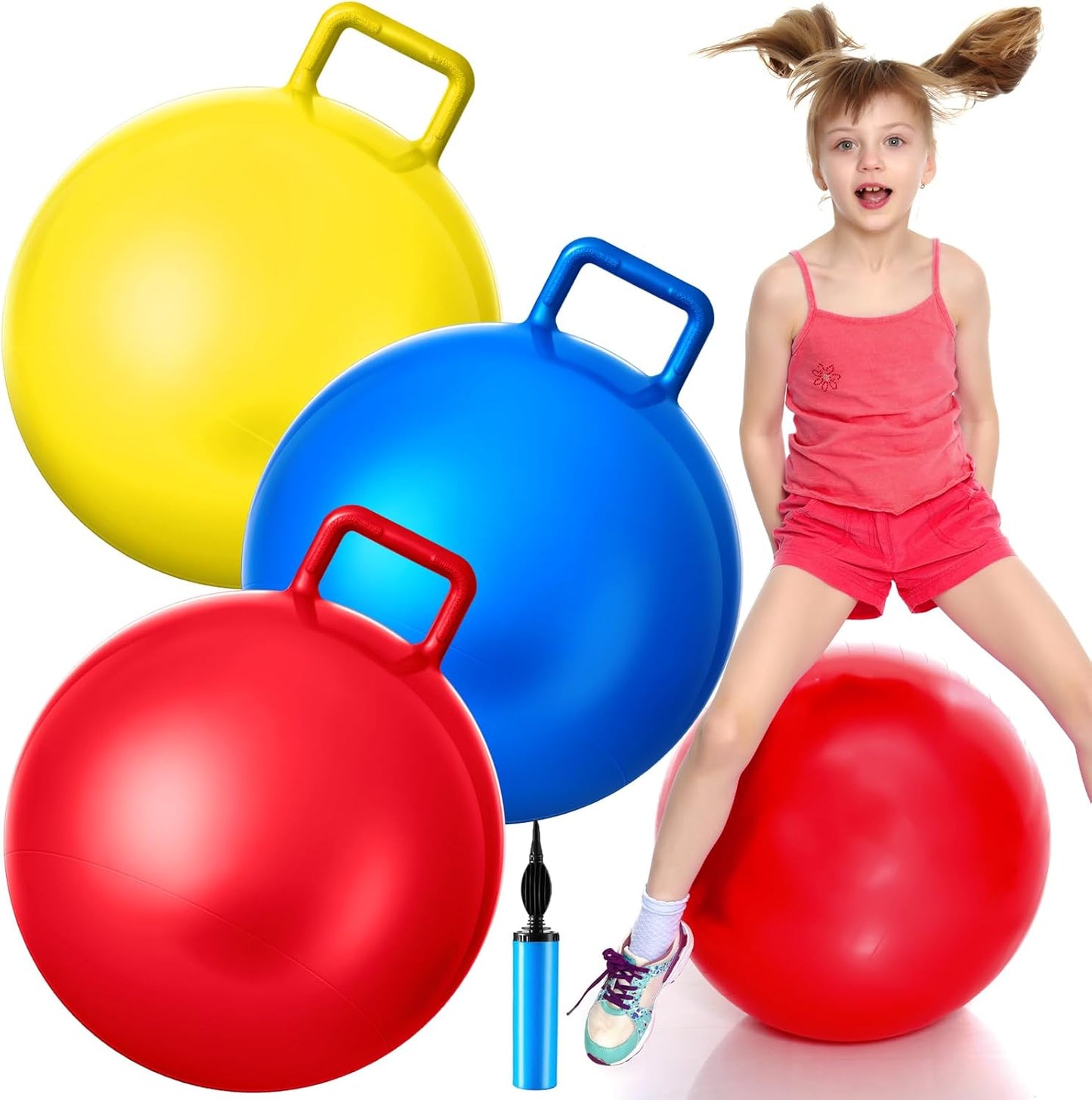Lewtemi 3 Pcs 22 Inch Bouncing Ball with Handle, Outdoors Hopper Jumping Hopping Ball and Air Pump for Sports Exercise (Red, Blue, Yellow)