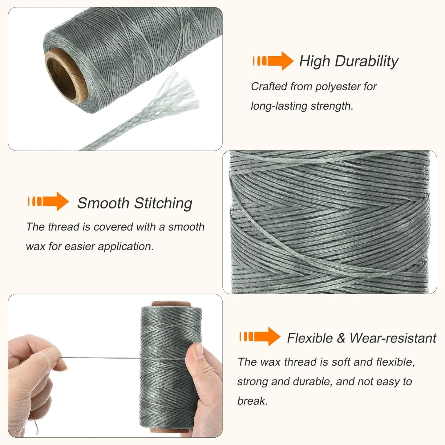 MECCANIXITY Waxed Thread,284 Yard 0.8mm 150D Flat Wax Thread Polyester Waxed String for Leather Sewing Hand Weaving Book Binding Home Decoration,Gray