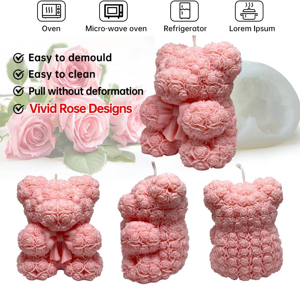Bowtie Rose Bear Candle Mold - 3D Teddy Bear Candle Making Molds, Cute Epoxy Resin Molds for DIY Handmade Soaps,Valentine Gifts,Mother's Day Gifts,Birthday Gifts & Home Decorations(Bow Tie Bear Large)