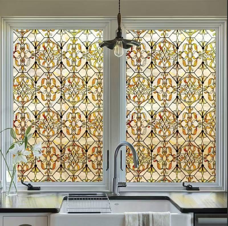 3D Stained Glass Window Privacy Film, Heat Control UV Blocking Static Cling Decorative Window Film for Bathroom,Front Door,Home Non Adhesive,GiltGaze 35.4 x 78.7 inches