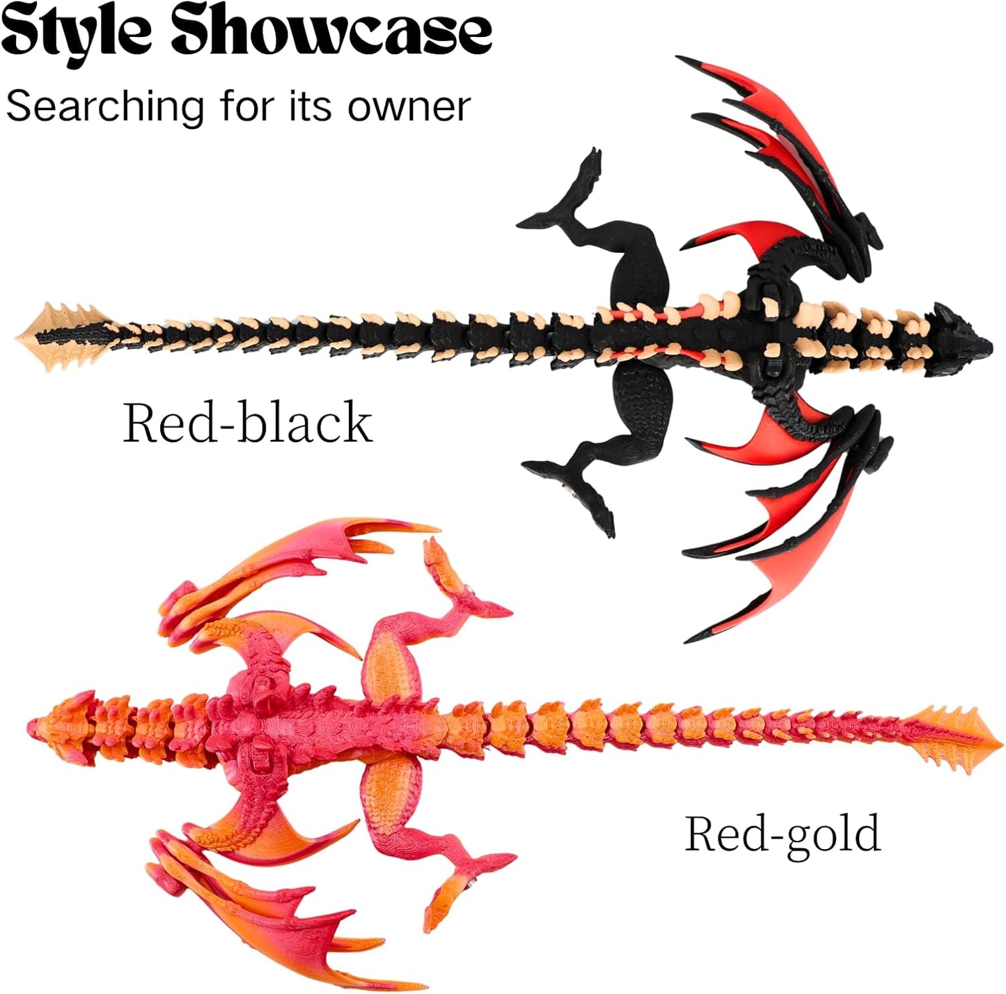 3D Printed Dragon - 12 inch Flying Flexible Dragon with Wings, Home Decor, Birthday Gift, Desk Pet(Red Black-Dragon)