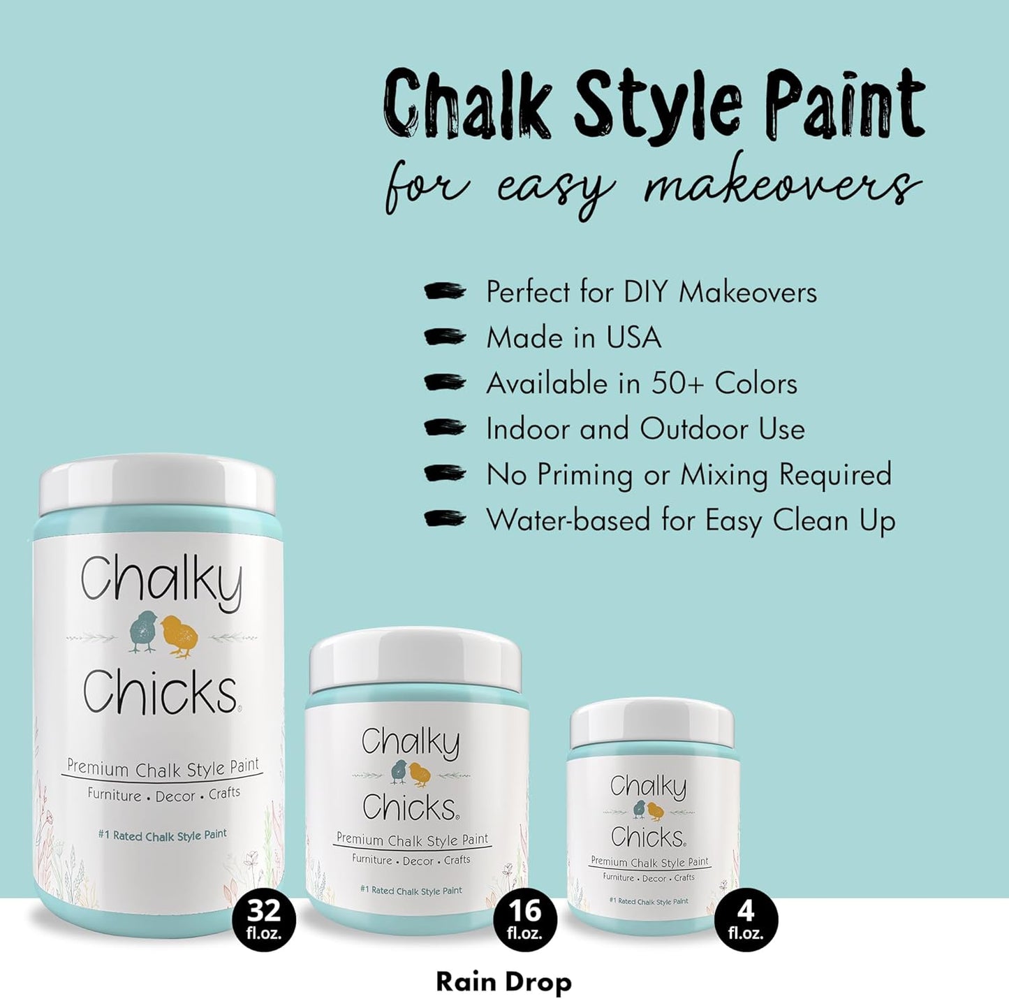 Chalky Chicks All-in-One Chalk Paint for Furniture or Cabinet - 16 Fl Oz - Matte Finish Rain Drop (Light Blue) for Metal, Wood Furniture Paint - No Sanding All-in-One for Home Decor & Crafts, USA Made