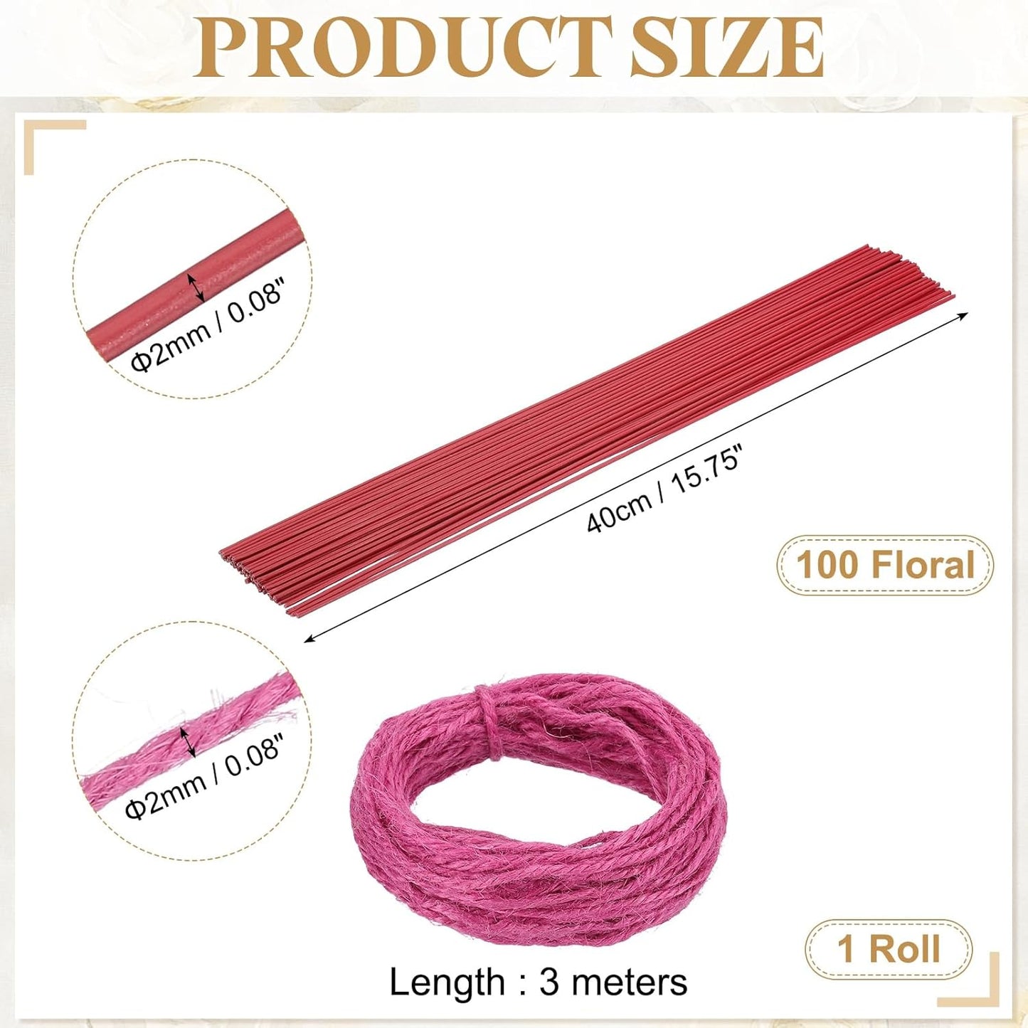 uxcell 100Pcs 2 Gauge Floral Wire, 15.75" Length Flower Stem Wires with 0.08" x 32.8ft Twine for Wreath Making, Flower Arrangement, Red