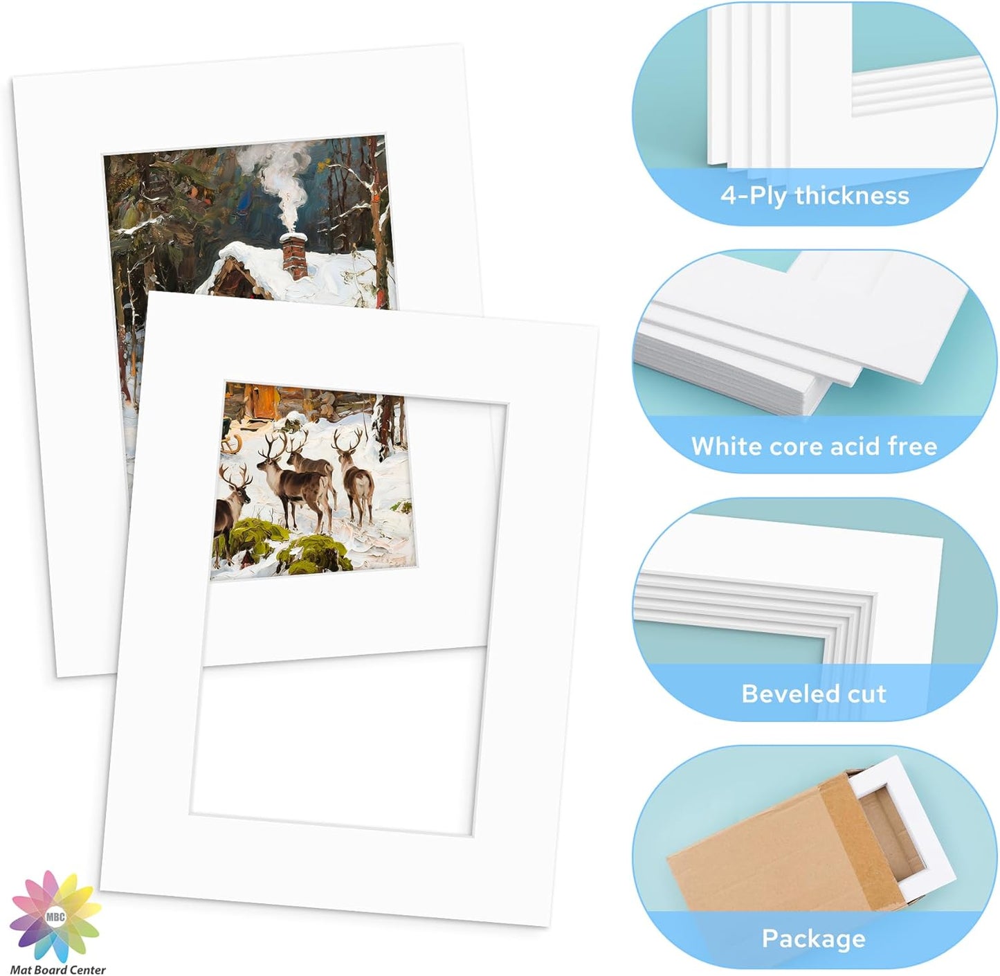 Mat Board Center, 12x16 White Mats for 8x12 Pictures - Acid Free, 4-ply Thickness, White Core, Bevel Cut - for Artworks, Photos, Framing - Pack of 12