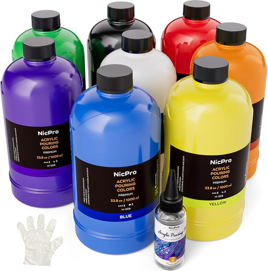 Nicpro 8 Colors Large Bulk Acrylic Pour Paint Set (33.8 oz, 1000 ml) Premixed High Flow Art Pouring Paint Supplies Kit with Silicone Pour Oil, Gloves for Beginner Cell Creation Flow DIY, Ready to Pour