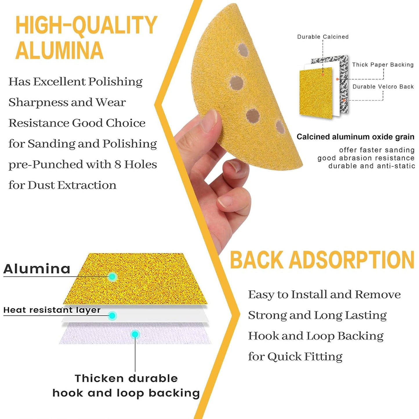 100PCS 5 Inch 8 Hole Sanding Discs 180 Grit,Gold Round Hook and Loop Sandpaper for Random Orbital Sander
