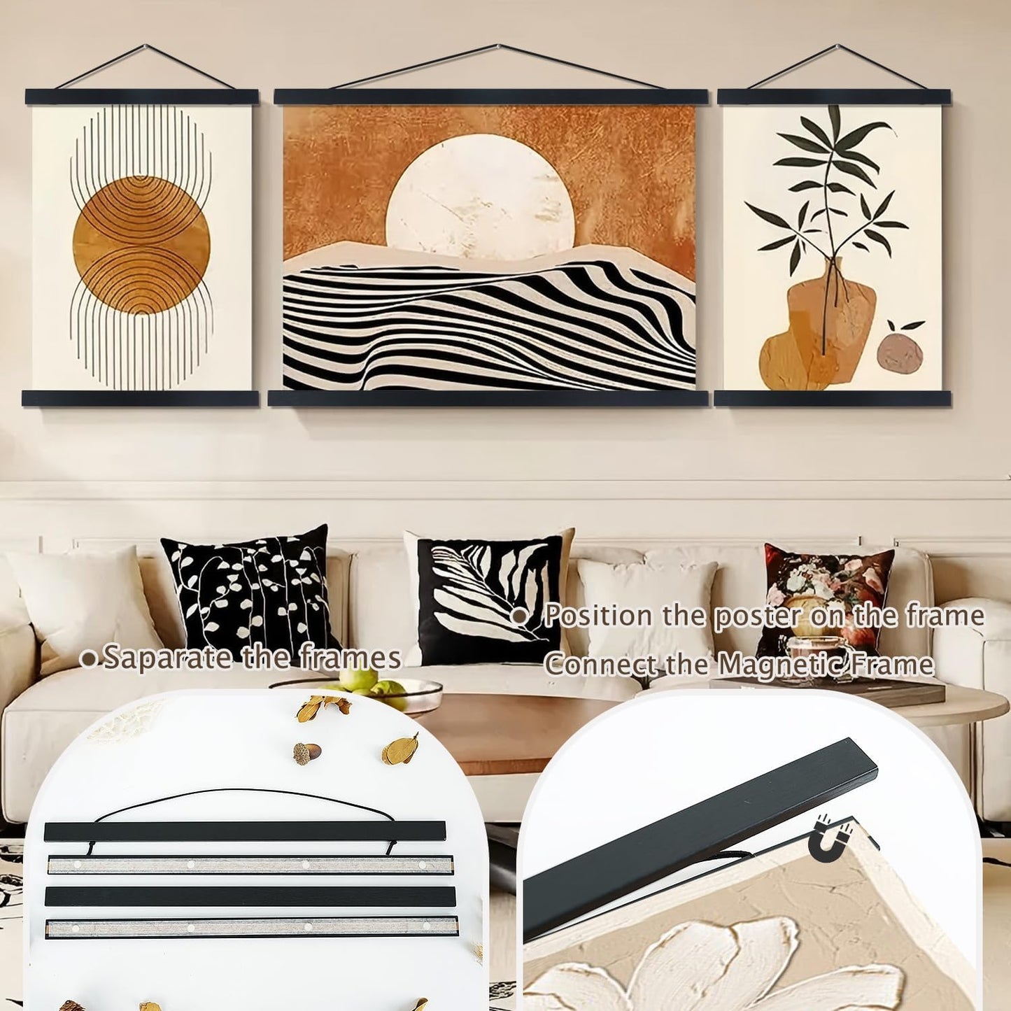 Artmag Magnetic Poster Hanger Frame, 39x27 39x13 39x22 Light Wood Wooden Magnet Canvas Artwork Print Poster Hangers Frames Hanging Kit (Black, 39")