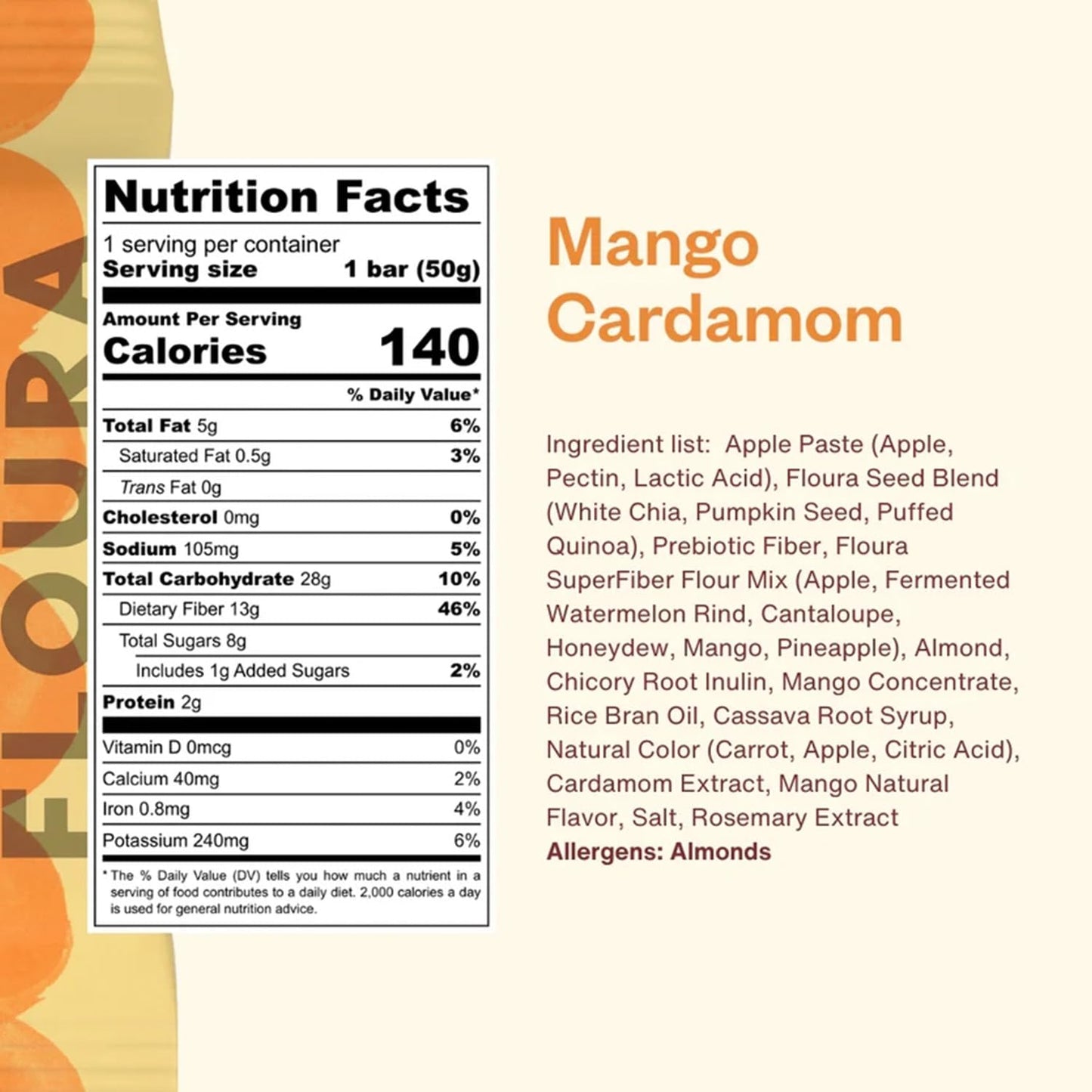 Floura Mango Cardamom Fruit-Forward Fiber Bars– High Fiber, Vegan, Gluten & Dairy Free, Low Calorie Healthy Snack Bars with Upcycled Produce for Gut Health [10 Pack]