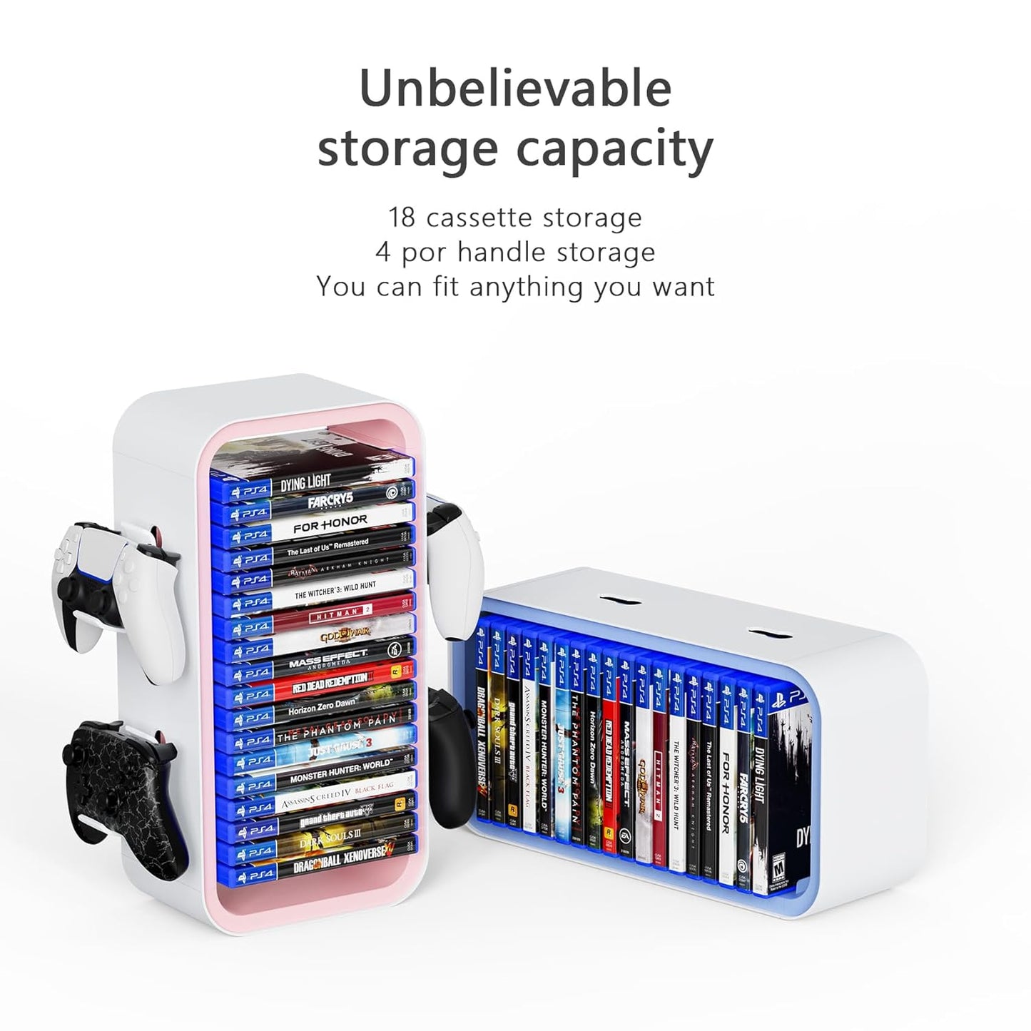 wigmoa OYO-1【15.8INCH】 game Storage Tower Compatible with PS5/ Xbox Series S & X/Switch, Universal Video Games Discs Organizers 18 PCS with 4 Controllers Holder, Game Disk Box Stand.(White/Blue)