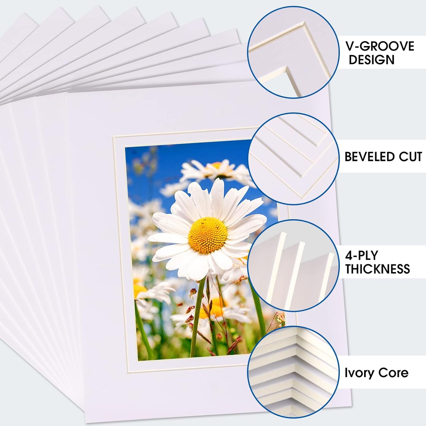 HOTUO 10 Pack Acid Free White Picture Frame Mats, Pre-Cut 11x14 Picture Mats with Ivory Core Bevel Cut for 8x10 Photo, Signature Friendly 4 Ply Thickness Photo Mat for Frames (White with V-Groove)