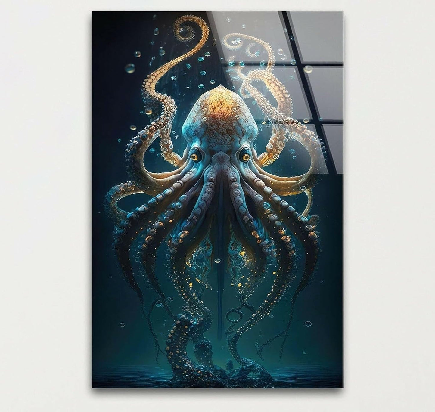 My Photostation.com 24Wx30H'' Underwater Blue Octopus Glass Wall Art Tempered Glass Printing Wall Decor Large Wall Art Wall Hangings