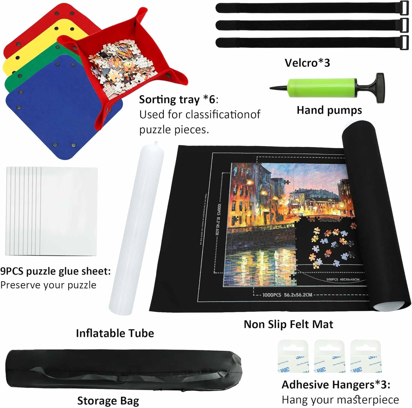 3000pc Jigsaw Puzzle Mat Roll Up, Black Felt, Classic Style, Portable, 39" x 39", 6+ Years