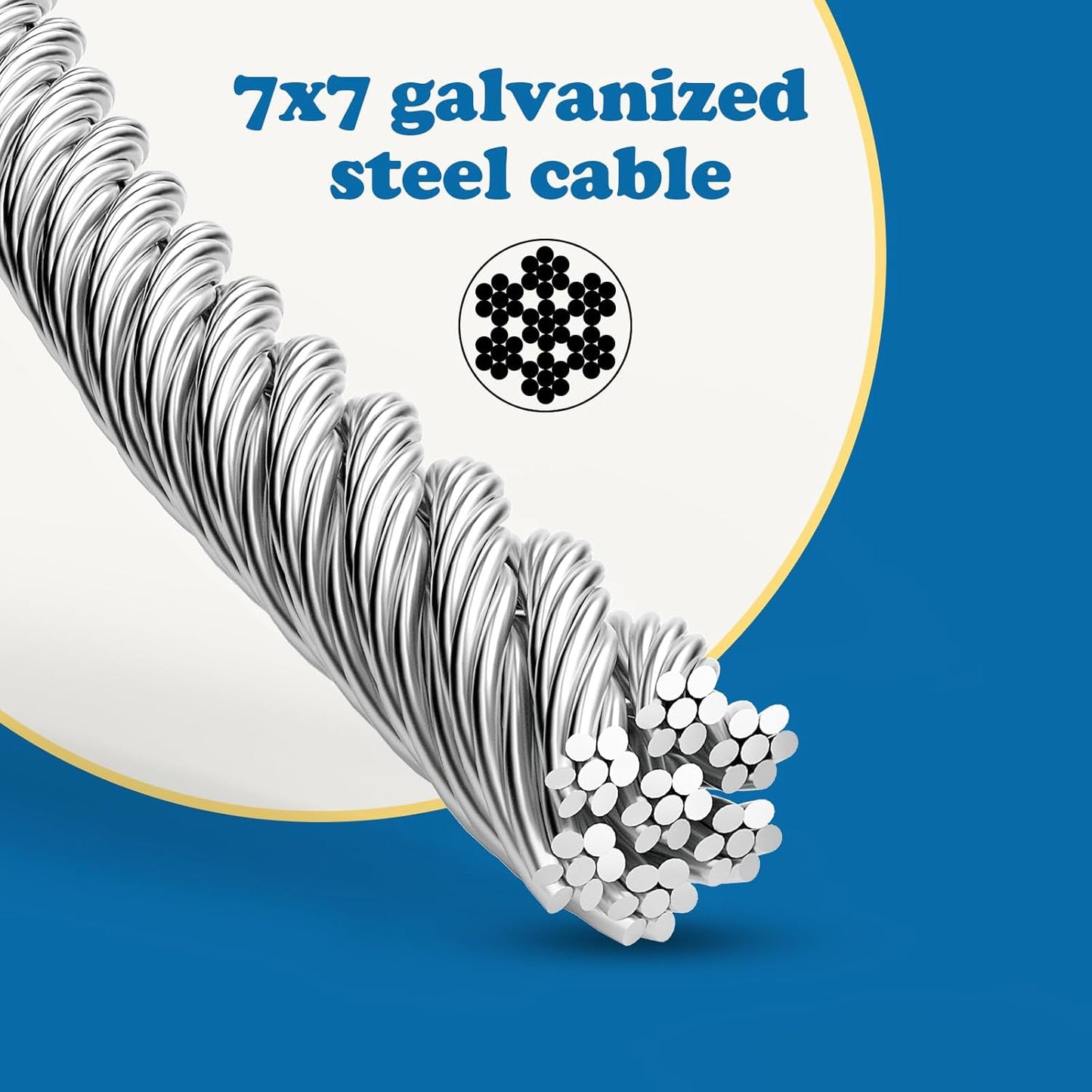 Galvanized Steel Wire Rope Cable, 3/16” Galvanized Steel Cable with Rope Clamp and Thimble, 7X7 Strand Core Aircraft Cable Used for Anchored Shed, Fencing, Sunshade, Clothesline (50ft)