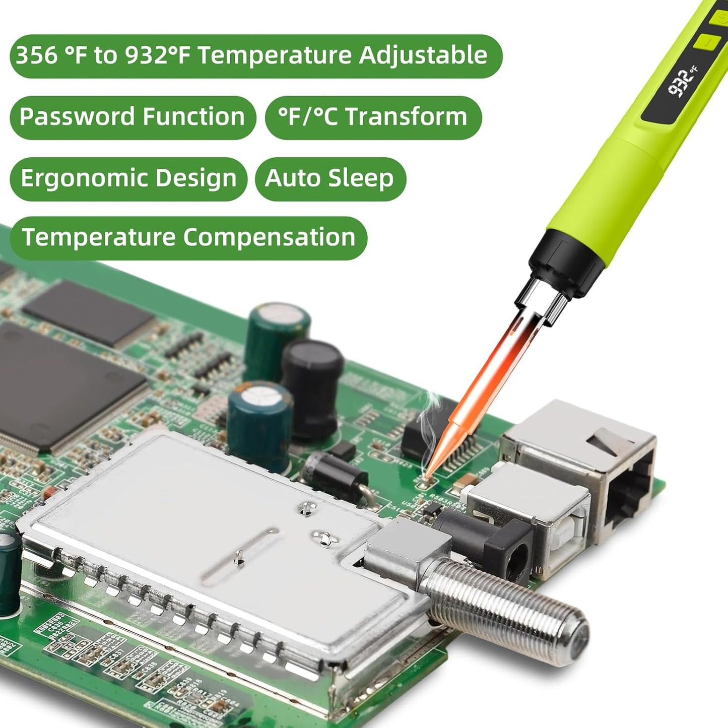 Soldering Iron Kit, 190W Soldering Gun, 110V LED Solder Kit for Electronics, Adjustable Temperature 356-932℉, Includes Solder Wire, Sucker, Tips, Stand, Tweezers, Paste and Solid Wood Box, Green