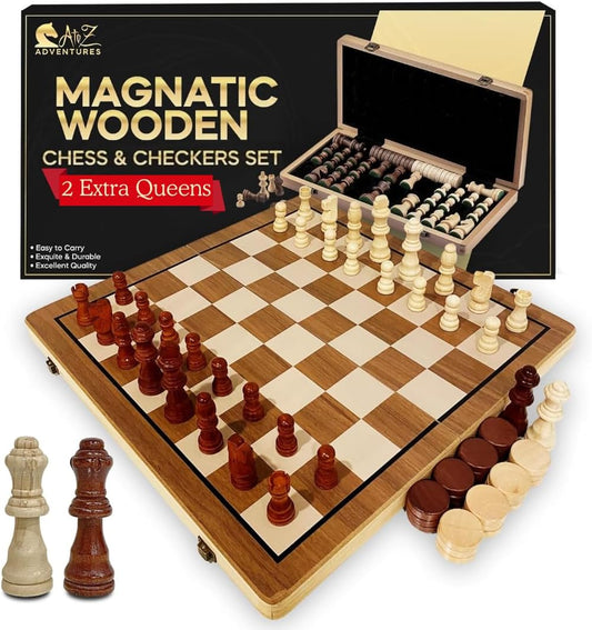 Magnetic Chess Set with Checkers - 15" (2 in 1) Folding Wooden Chess Sets for Adults & Kids with 2 Extra Queens | Travel Chess Board Game Set with Chess Pieces Storage Slots, Luxury Gift with Storage