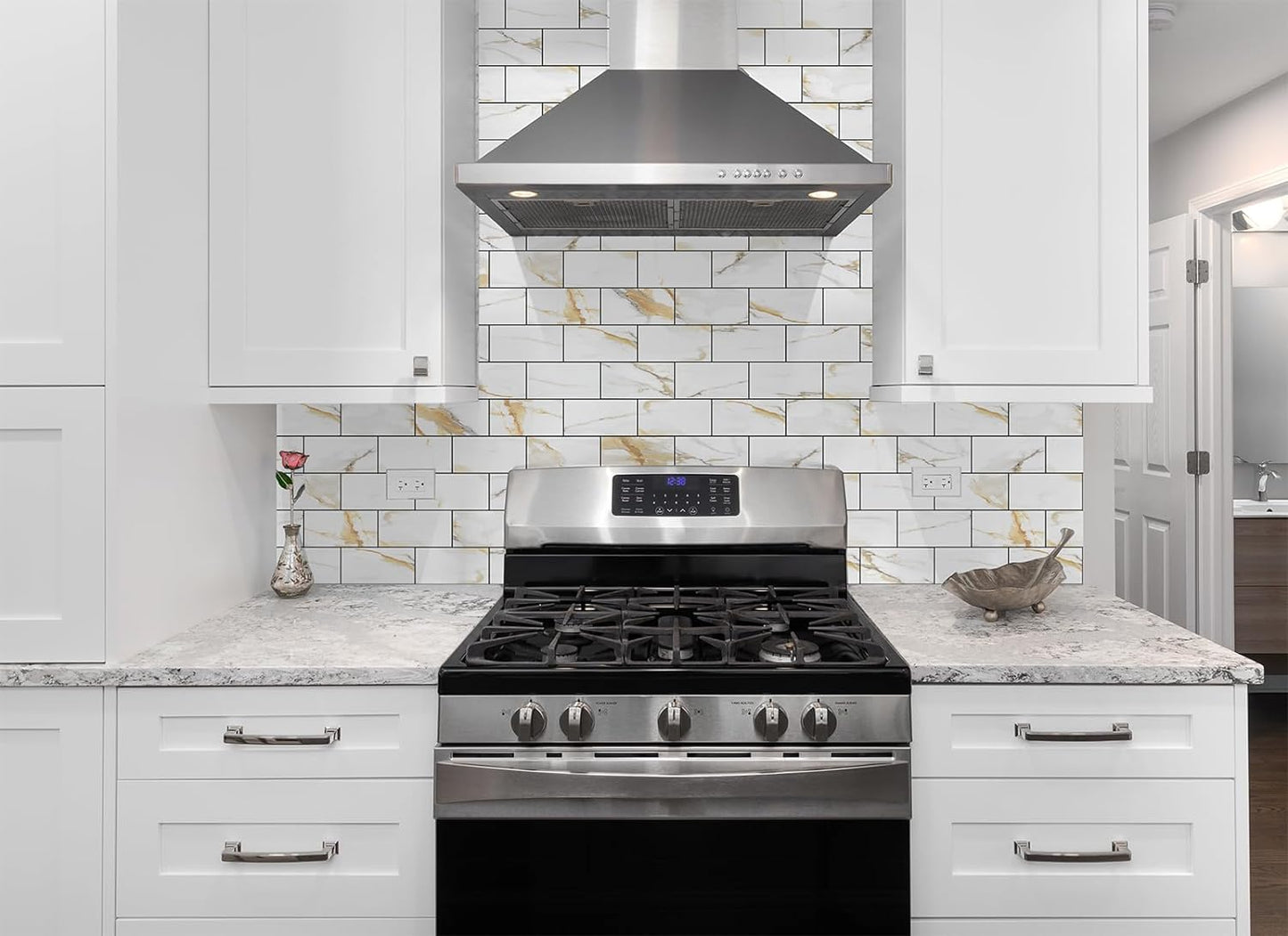 100 Pieces Peel and Stick Backsplash for Kitchen, 3" x 6" PVC Subway Tile Upgraded Calacatta Gold with Dark Gray Grout Backsplash Stick on Tile Elevate Kitchen, Bathroom, Fireplace,RV