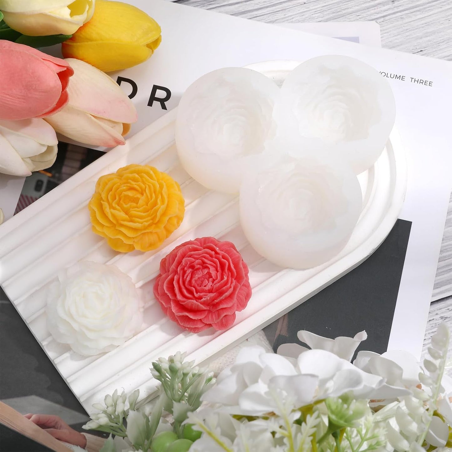 3 Cavity Peony Candle Molds, Silicone Flower Molds for Candles Crafts Casting, 3D Round Candle Making Soap Molds for Epoxy Resin Wax, DIY Handmade Gifts Clay Pop Flower Silicone Mold Home Decoration