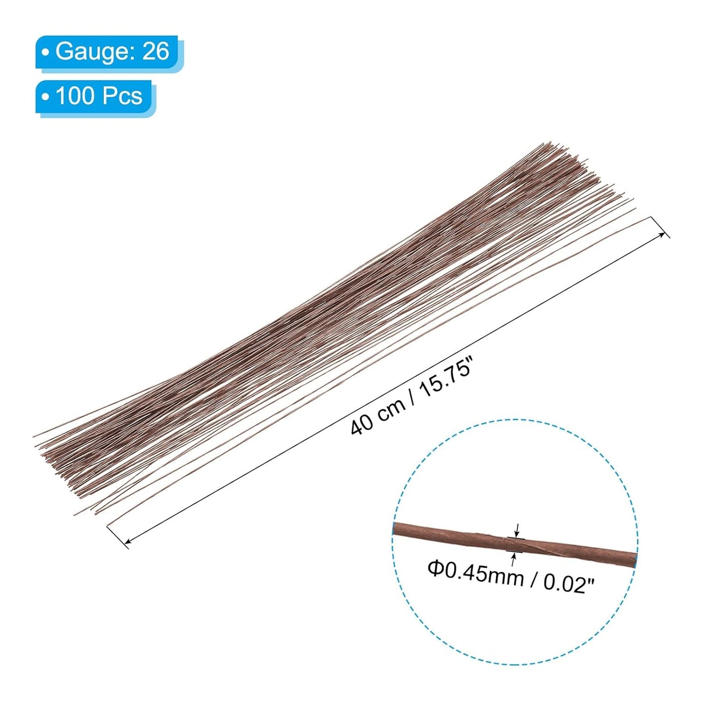 PATIKIL 26 Gauge 16" Floral Stem Wire, 100 Pcs Paper Wrapped Iron Artificial Flower Stem Accessories for DIY Bouquet Stem and Craft Decoration, Brown