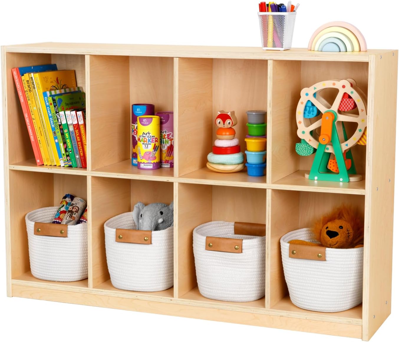 OOOK 8-Compartment Backpack Wooden Storage Cabinet - Kids Toy Storage Organizer - Bookshelf for Classroom, Playroom, Kindergarten, Living Room, Office