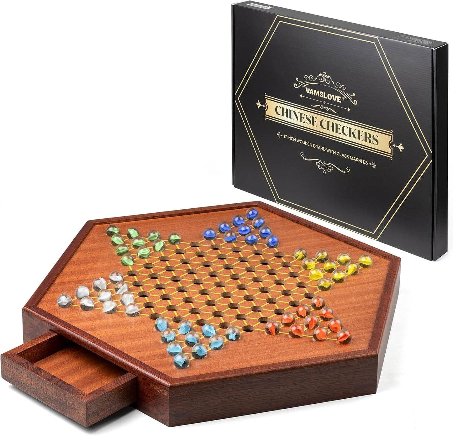 VAMSLOVE Large 17" Chinese Checkers Board Game for 2-6 Player Wooden Game Board, 16mm 60+12 Colorful Glass Marbles, Easy Grasping for Adults and Kids, w/Storage Drawer, Fun for Family Gathering