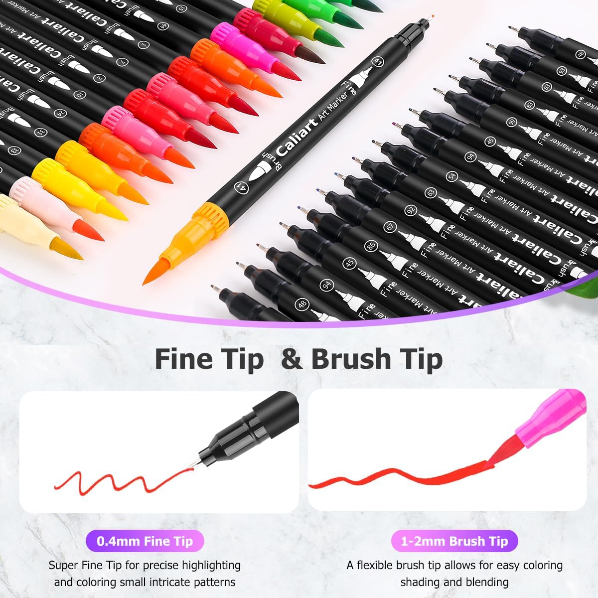 Caliart 34 Double Tip Brush Pens Art Markers, Artist Fine & Brush Pen Coloring Markers for Adult Book Cards Drawing Craft Kit Teacher Office Supplies