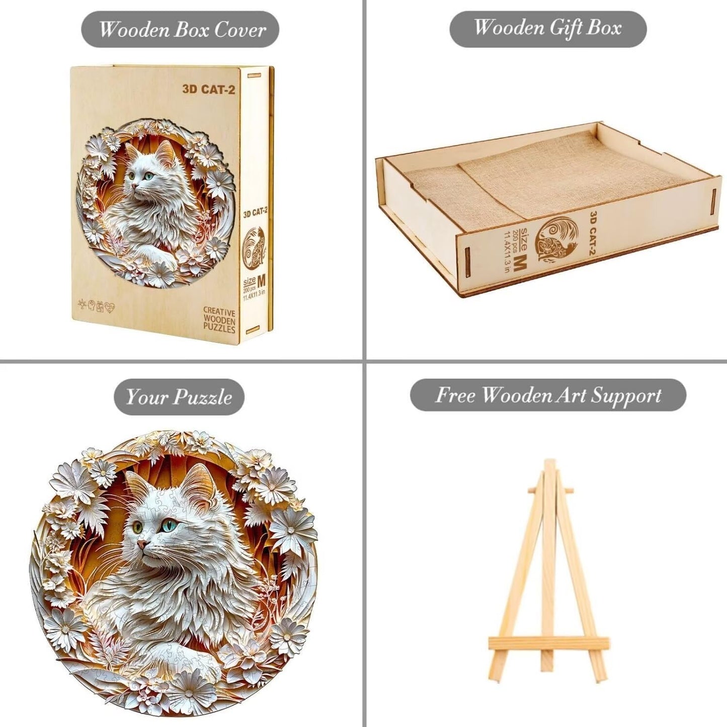 Wooden Puzzles Adults, 3D Cute Cat Wooden Puzzles 200 Pieces, Unique Animal Shaped Wood Challenging Jigsaw Puzzles Gifts for Adults, 11.4x11.4in