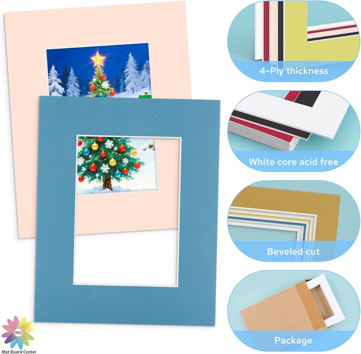 Mat Board Center, 8X10 Mix Color Mats for 5X7 Pictures - Acid Free, 4-Ply Thickness, White Core, Bevel Cut - for Artworks, Photos, Framing - Pack of 12