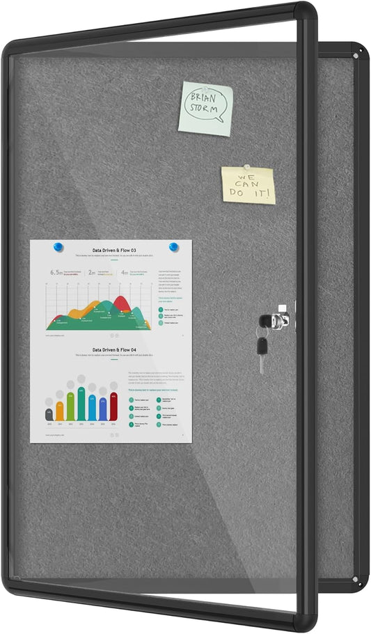 36"x24" Enclosed Bulletin Board, Lockable Weather-Resistant Aluminum Cork Noticeboard for School & Office, Black Frame w/Grey Flet