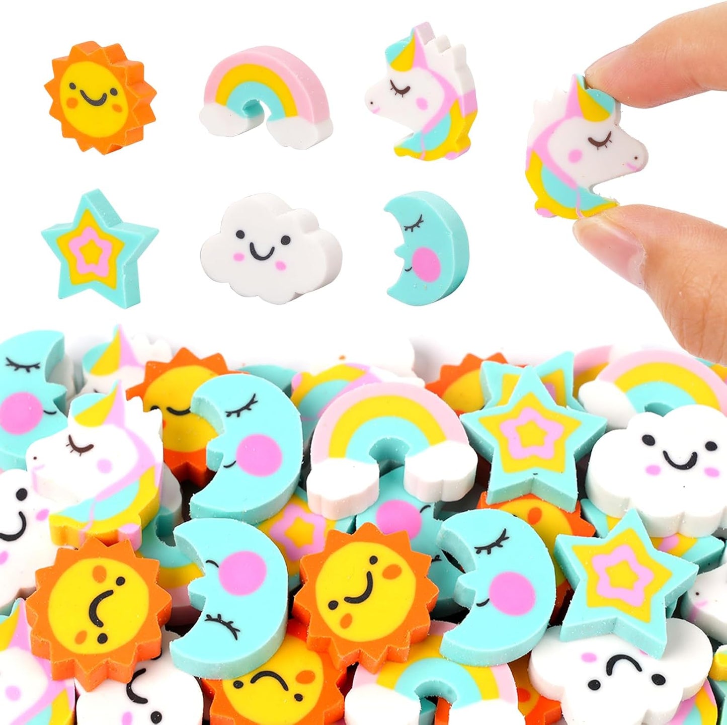 Wolpoark Christmas Unicorn Erasers for Kids 48pcs Bulk Rainbow Moon Star Cute Novelty Pencil Erasers for Thanksgiving Girls Student Ofiice Back to School Supplies Classroom Prizes Party Favors