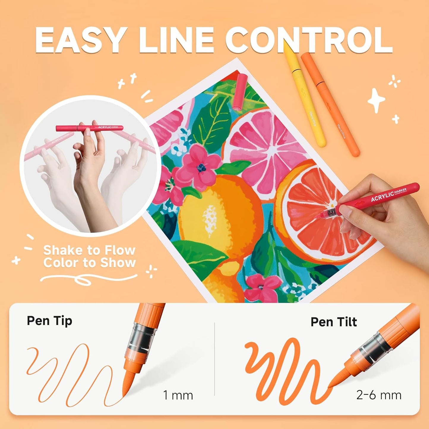MemOffice Direct Liquid Acrylic Paint Markers, 24 Colors Brush Tip Pens with Carrying Case, No Bleed, Waterproof, for Rock, Wood, Canvas, Glass, Fabric, DIY Crafts for Adults & Kids