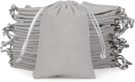 Velvet Drawstring Jewelry Bag, 50Pcs Grey Coin Pouch, 3x4 Dice Bag, for Wrapping Halloween Party Favors or Gifts for Friends, Small Bussiness, Palm Crosses, Necklaces, Bracelet