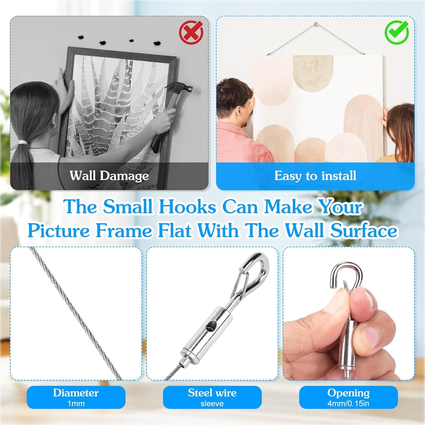 4 Pack Picture Hanging Wire Kit, Heavy Duty Picture Hanging Kit for Frames & Mirrors up to 50lbs, Includes Adjustable 2m Steel Wires, D Rings & Screws, Wall Hanging Kit for Home & Office Décor
