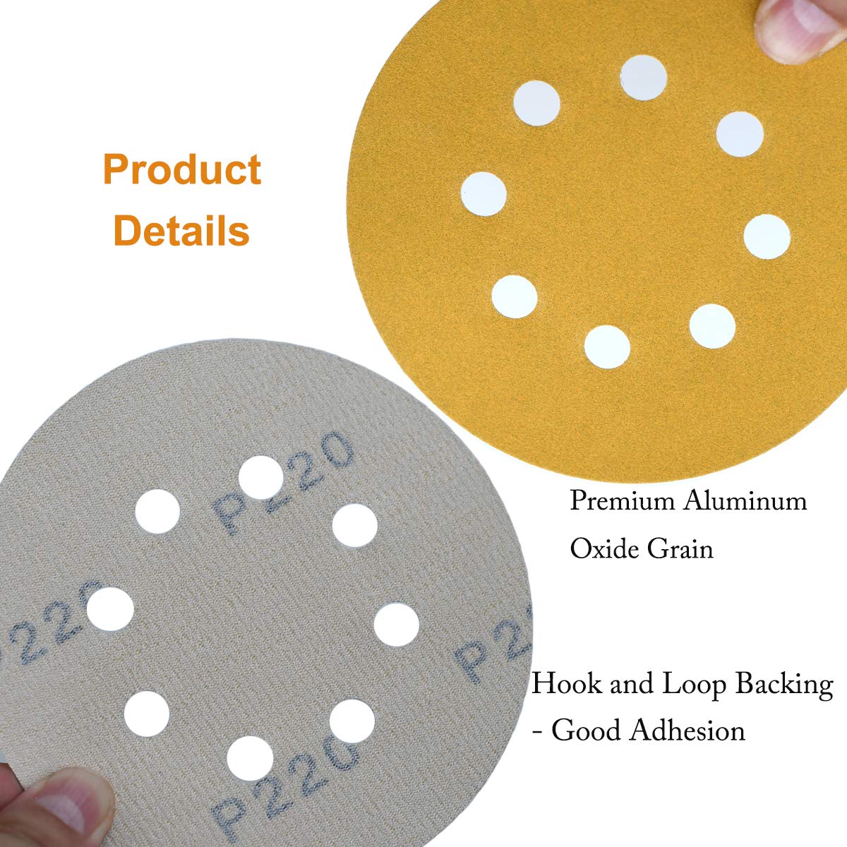 5-Inch 8-Hole Hook and Loop Sanding Discs 220-Grit Random Orbit Sandpaper, 100-Pack