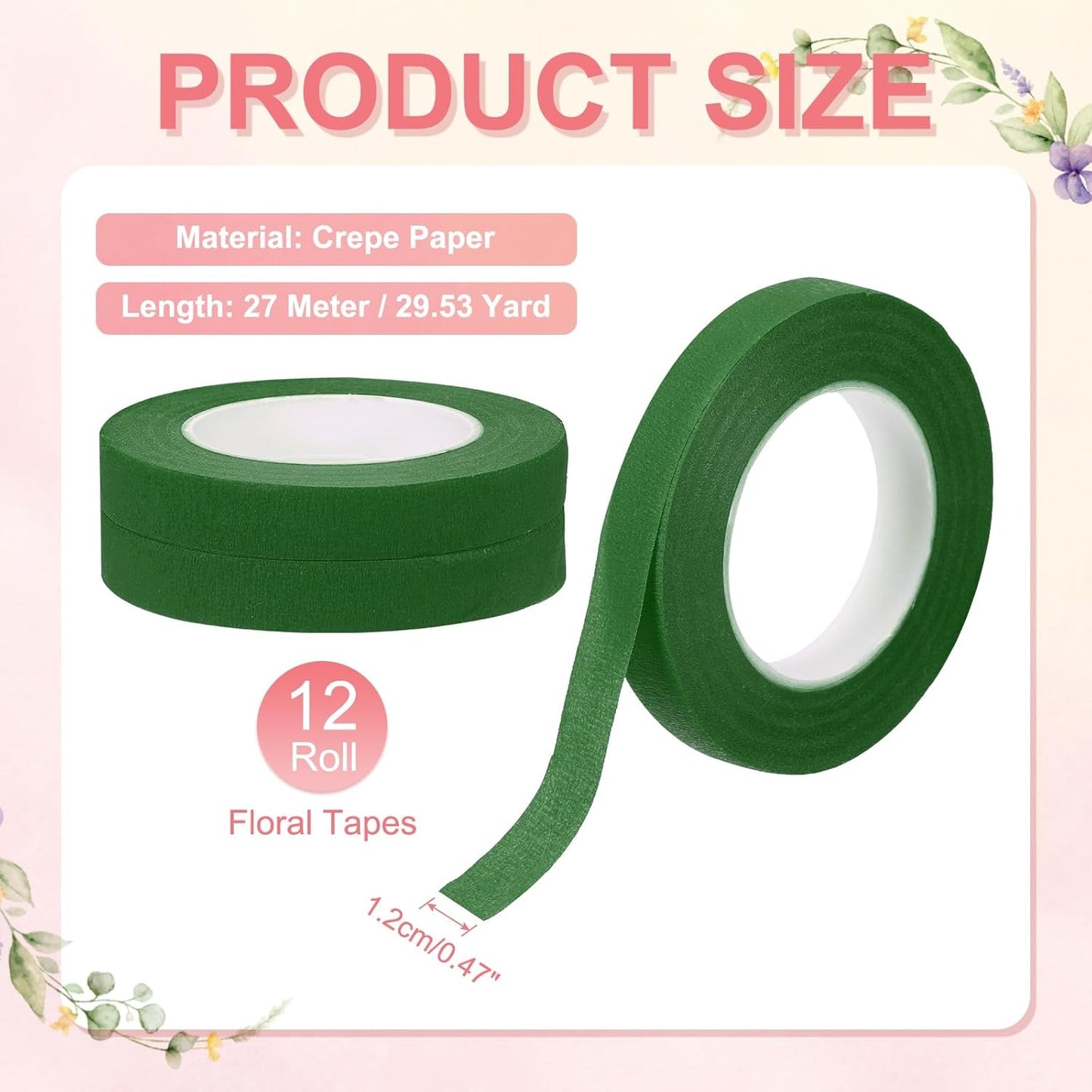 MECCANIXITY 12 Rolls Floral Tapes, 30 Yd Flower Stem Wrap Tape Florist Crepe Flowers Bouquets Adhesive Waterproof for Binding Fresh Floral Craft Arranging Wrapping, Green