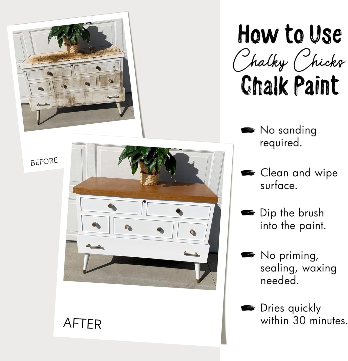 Chalky Chicks All-in-One Chalk Paint for Furniture or Cabinet -4Fl Oz- Matte Finish Powdered Snow (Pure White) for Metal, Wood Furniture Paint - No Sanding All-in-One for Home Decor & Crafts, USA Made