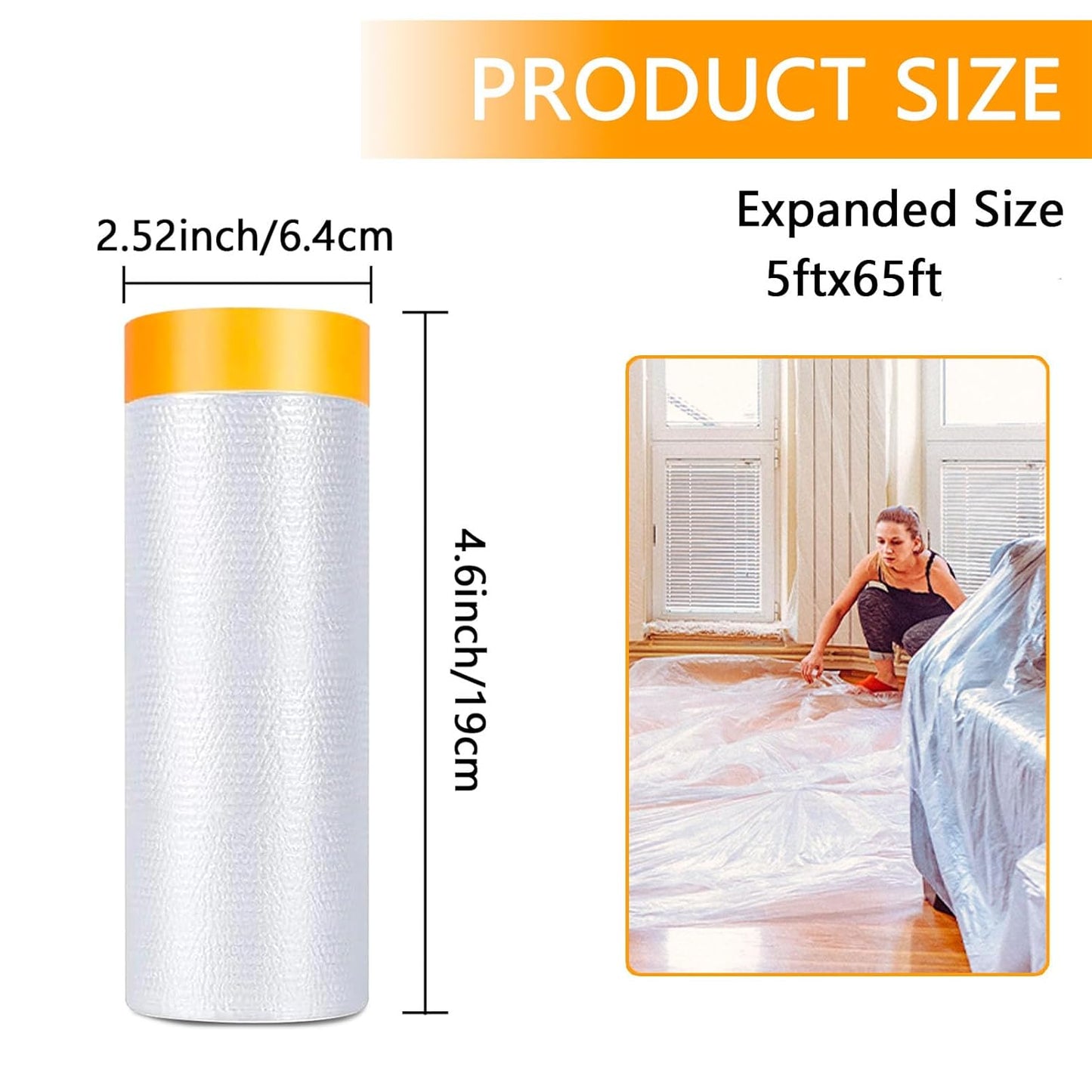 Painters Plastic with Tape 59inx65ft,Pre-Taped Masking Film Automotive Tape and Drape,Tear-Resistant Plastic Painting Film for Car Painting & Home Renovation (2 Roll)