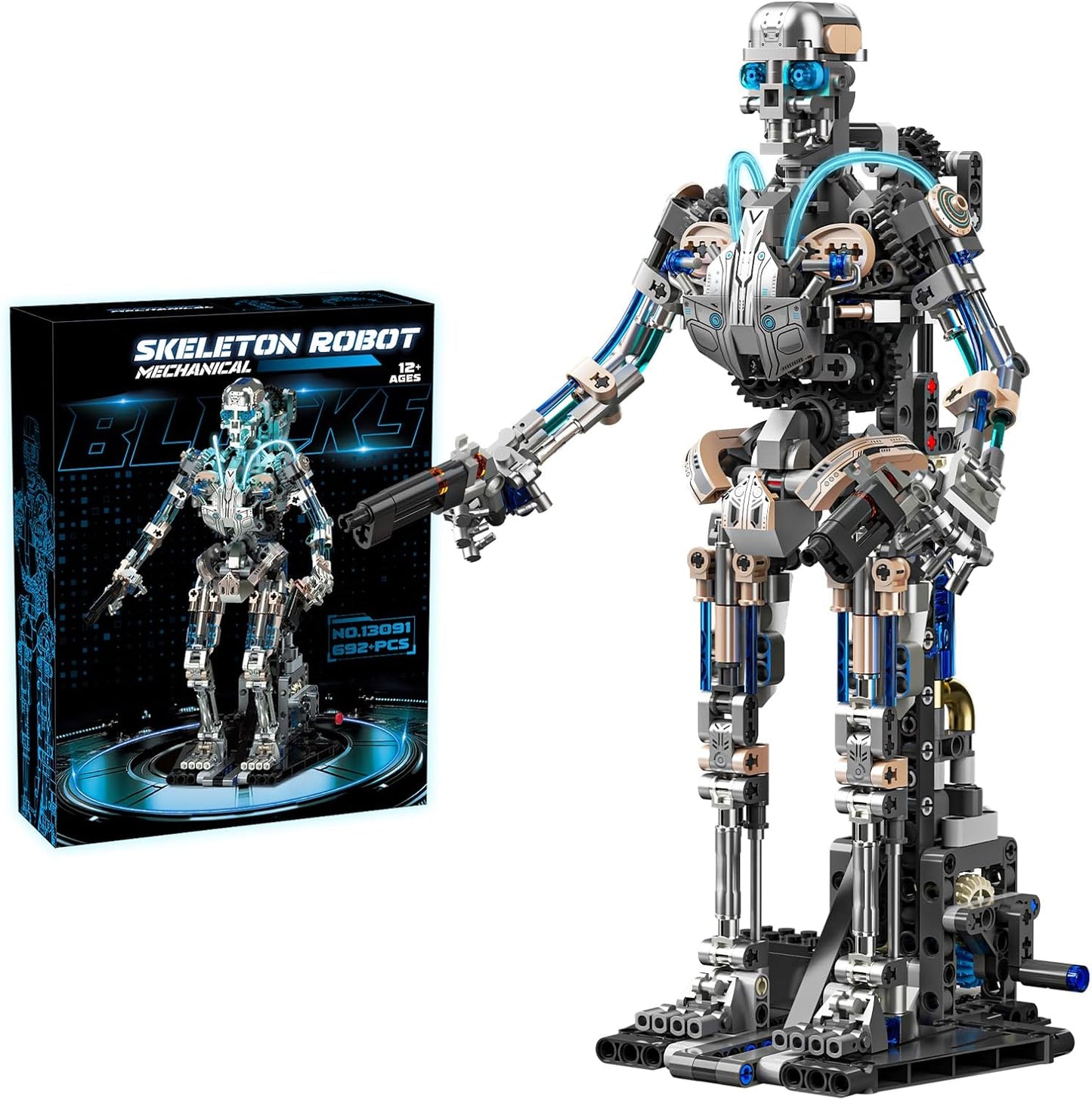 Mechanical Robot Model Set for Adults, Multi-Jointed Movement with Ice Blue Accents, Mechanical Programming with Display Stand, Favorite Gift for Adults Teens Age 13+（692 PCS(Robot)