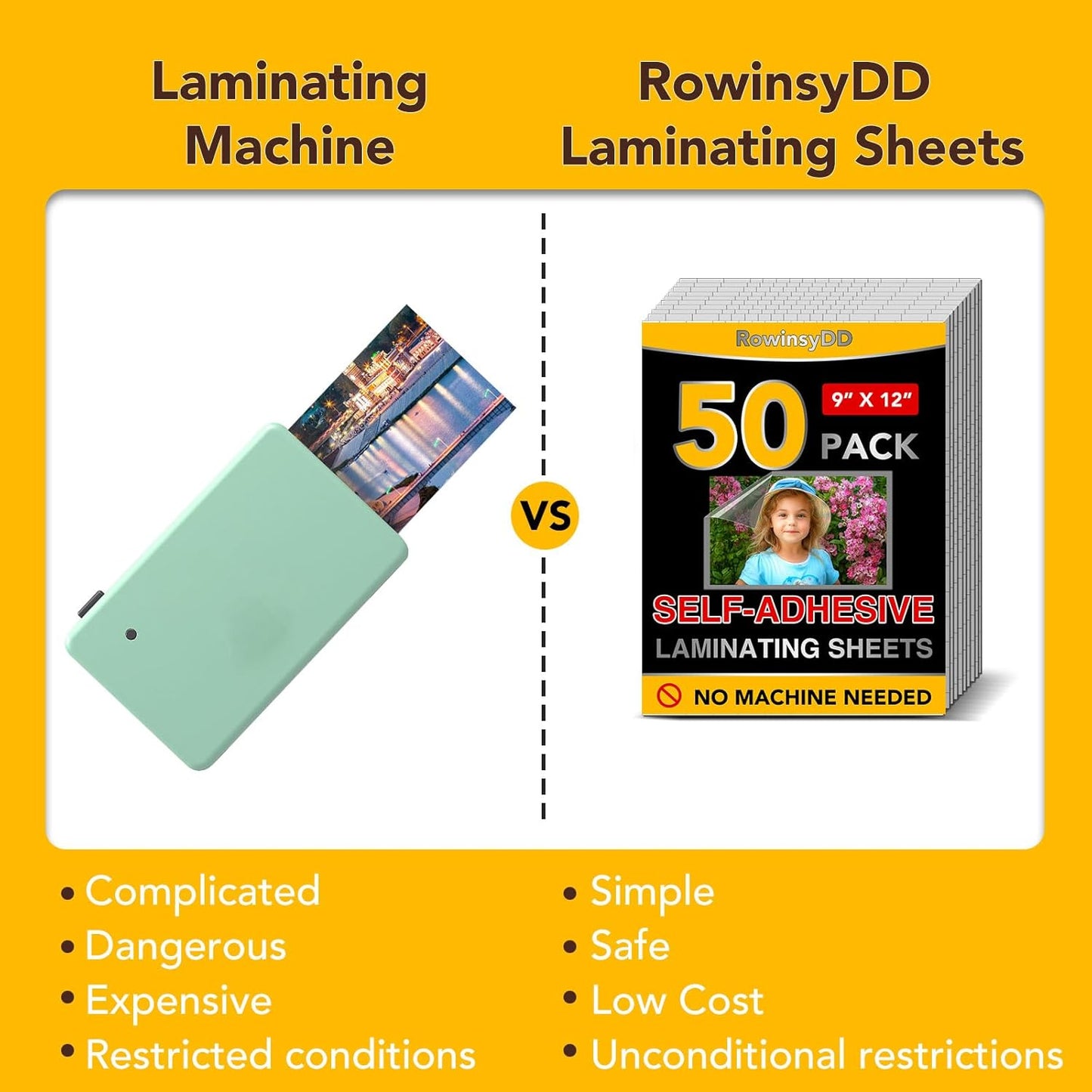 50 Pack Self Adhesive Laminating Sheets, 9 X 12 Inch, Clear Sticker Laminate Sheets Waterproof for Documents, Photos, No Machine Needed Heatless Durable