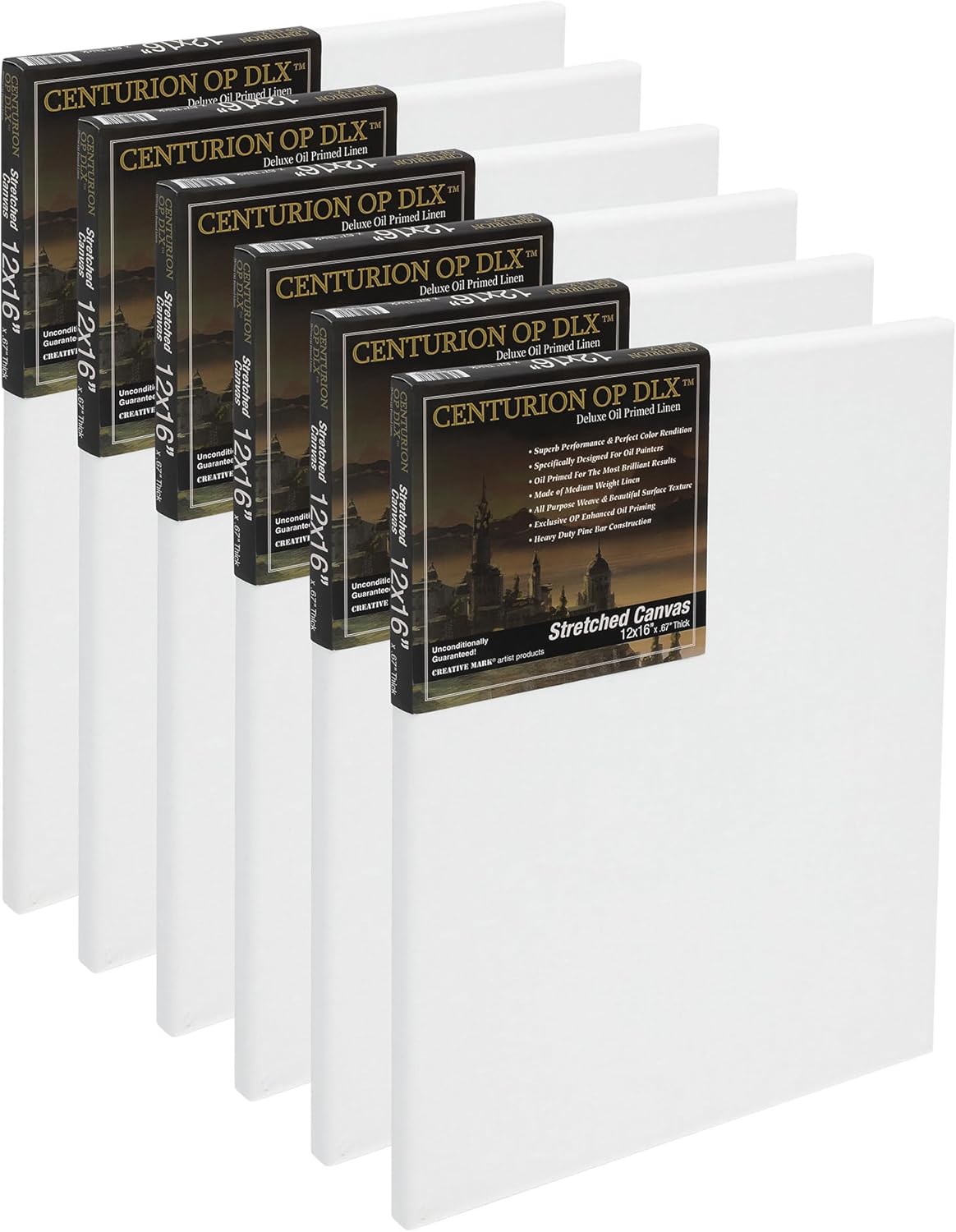 Centurion Deluxe Professional Oil Primed Linen Stretched Canvas, 11oz Linen, 12x16 - Box of 6, 0.67" Deep Canvases, Kiln-Dried Stretchers, Back Stapled, Premium Medium Weight Canvas for Oil Paintings