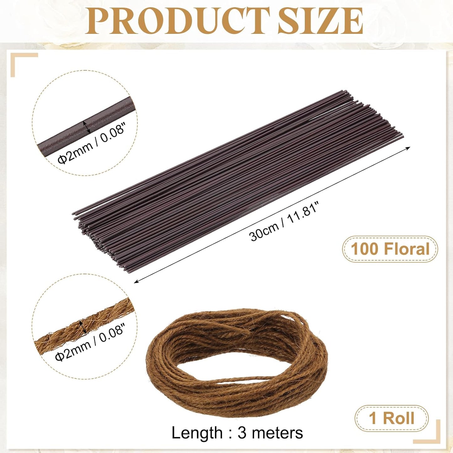 uxcell 100Pcs 2 Gauge Floral Wire, 11.81" Length Flower Stem Wires with 0.08" x 32.8ft Twine for Wreath Making, Flower Arrangement, Brown