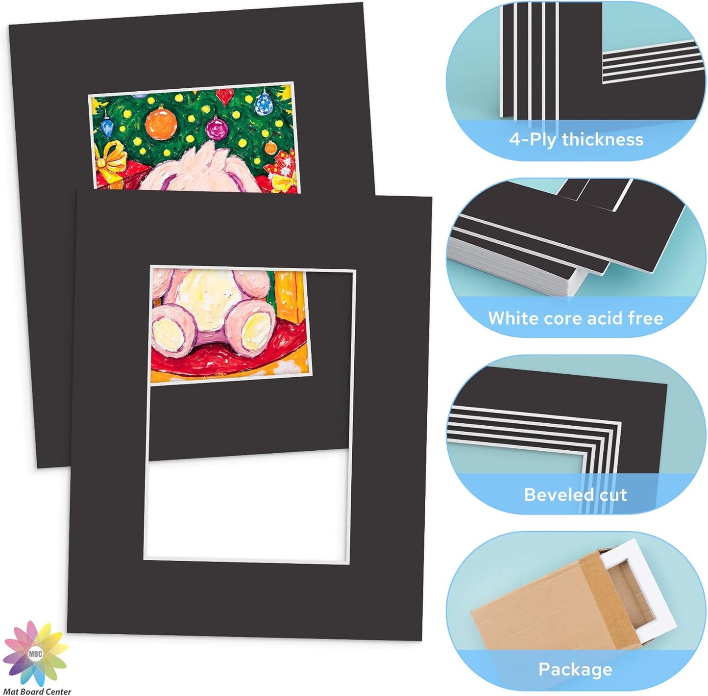 Mat Board Center, 8X10 Black Mats for 5X7 Pictures - Acid Free, 4-Ply Thickness, White Core, Bevel Cut - for Artworks, Photos, Framing - Pack of 12