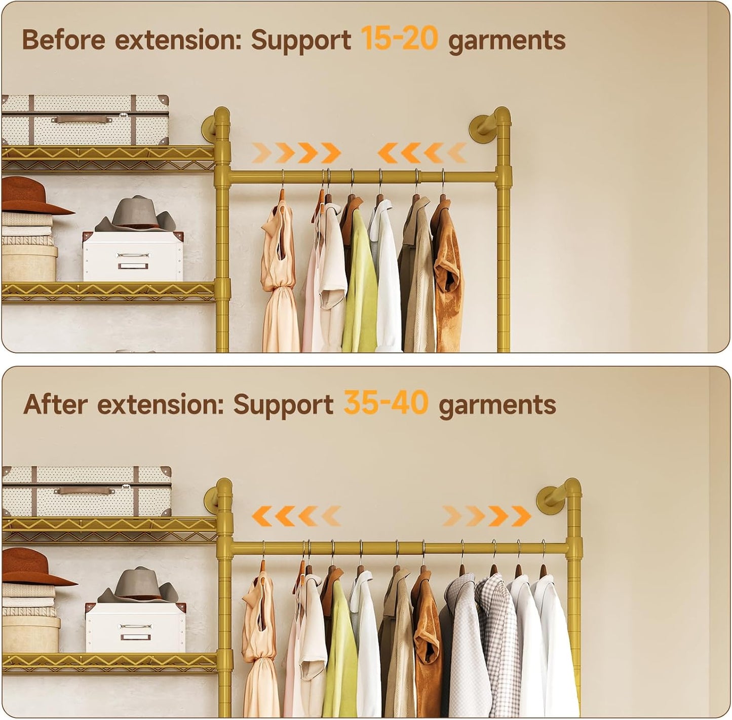 L3 Industrial Pipe Closet Organizer System, Wall Mounted Clothes Rack Clothing Racks with 4 Telescopic Rods & 6 Shelves , Heavy Duty Closet System in Wardrobe Closet (Gold)