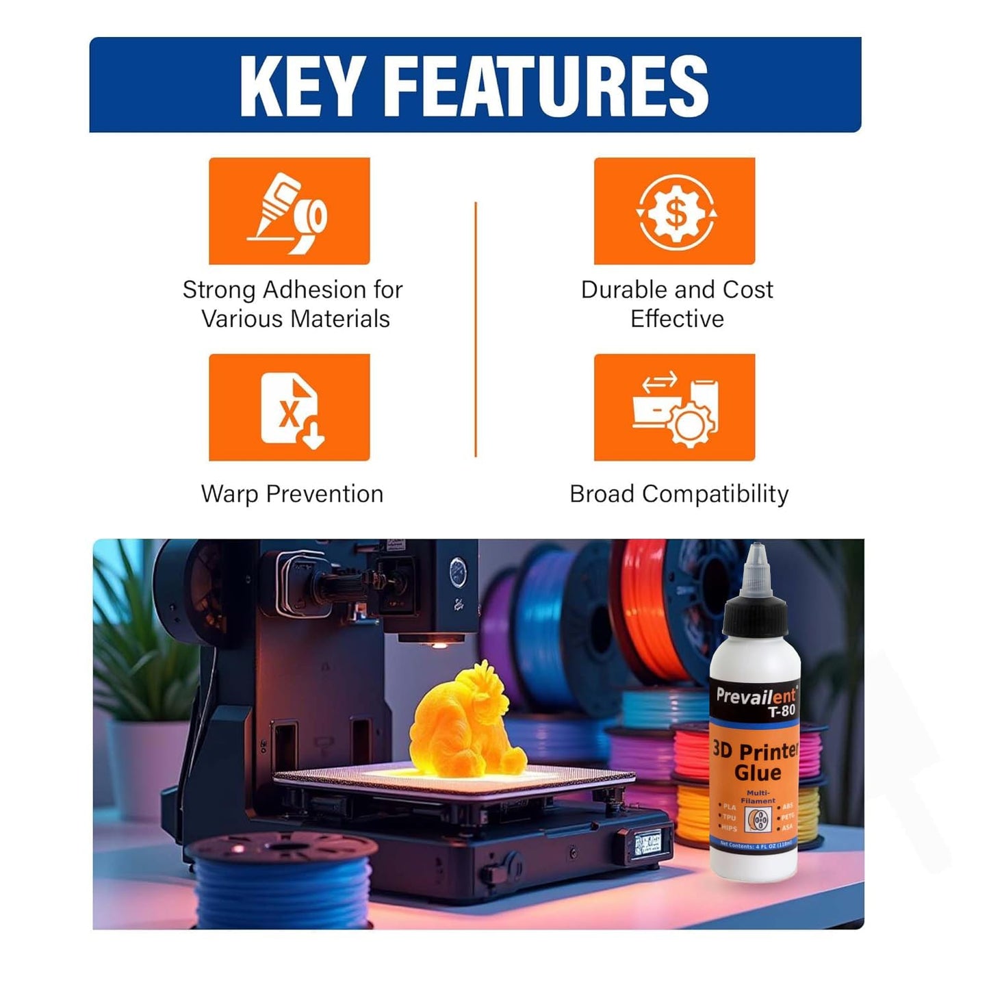 3D Printer Glue – Strong 3D Printer Adhesive for PLA, PETG, ABS, TPU & More, Bed Adhesive for Multiple Build Plates, Reduces Warping, Easy Release, 4 fl oz (118ml) - Prevailent T-80